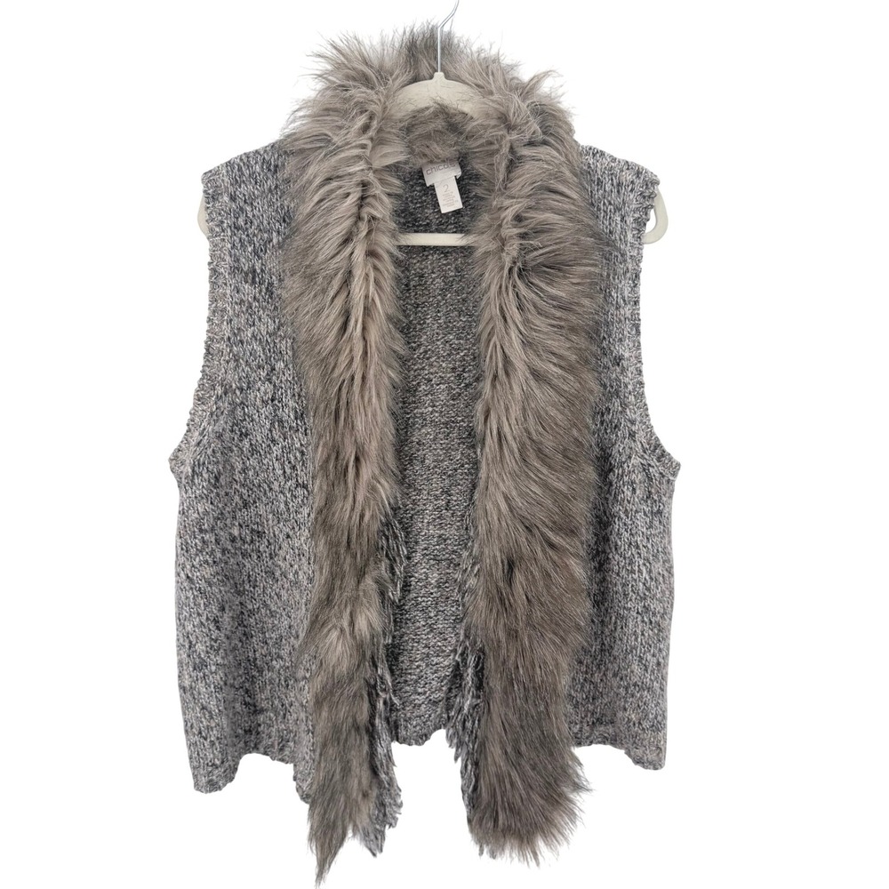 Chicos Gray Marled Knit Faux Fur Collar Open Front Vest Metallic Size 2 Large